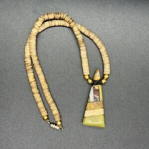 Vintage Santo Domingo serpentine heishi necklace featuring a multi-stone inlay